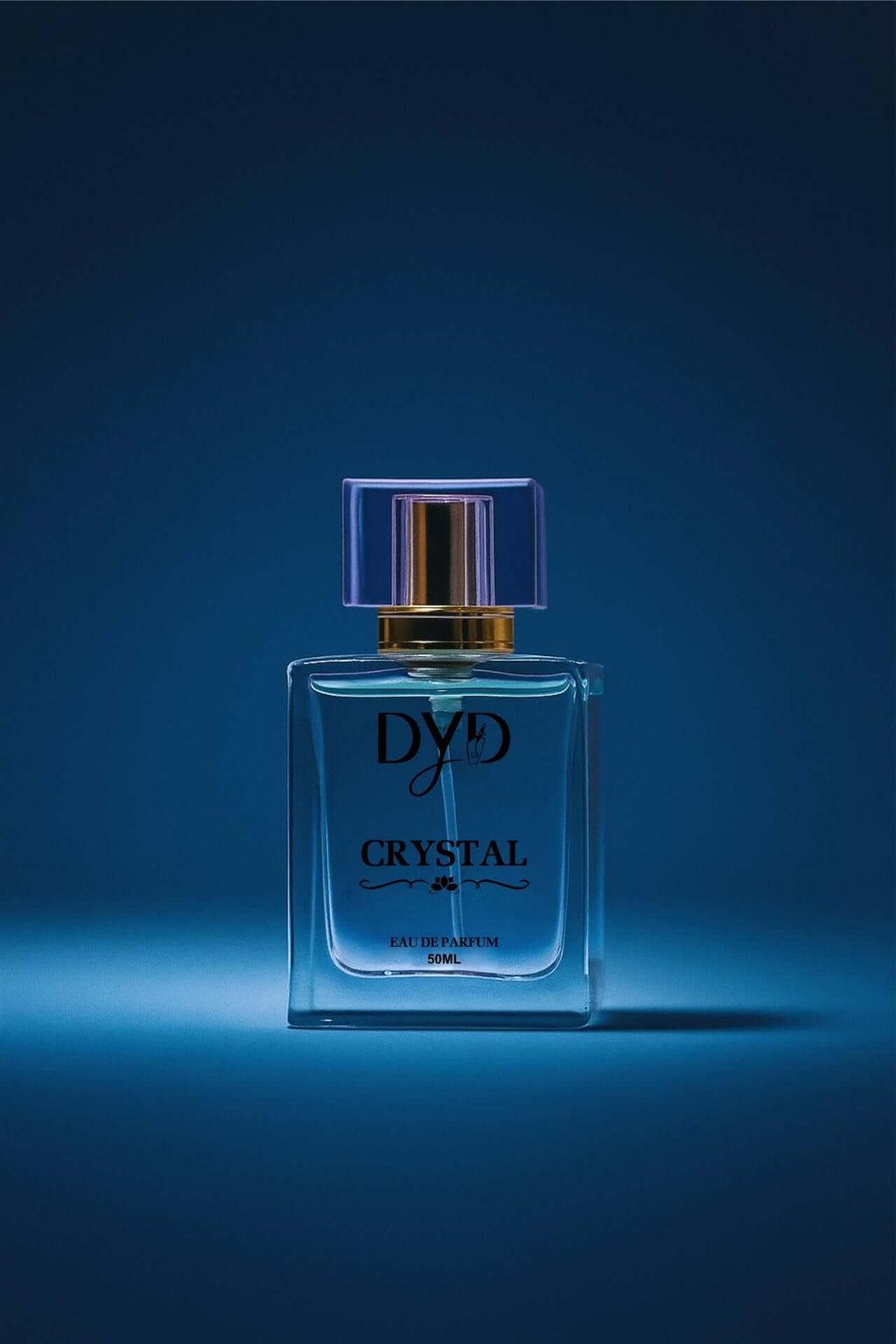 Perfume bottle labeled 'DYD Crystal' on a blue background