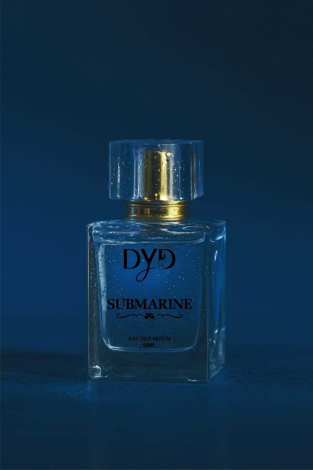 DYD SUBMARINE Eau de Parfum bottle in a stylish blue setting, showcasing its clean and aquatic fragrance.