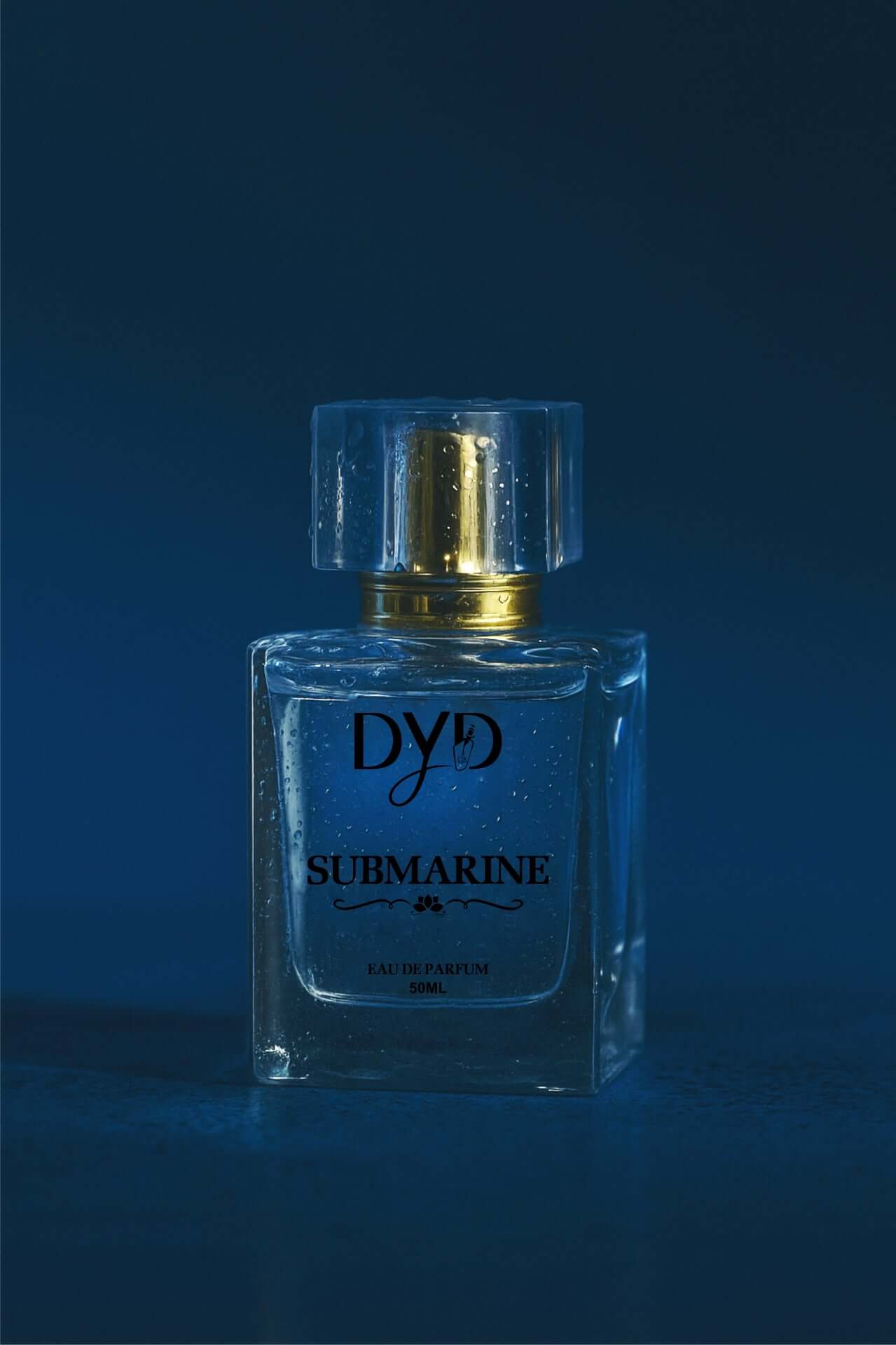 DYD SUBMARINE Eau de Parfum bottle in a stylish blue setting, showcasing its clean and aquatic fragrance.